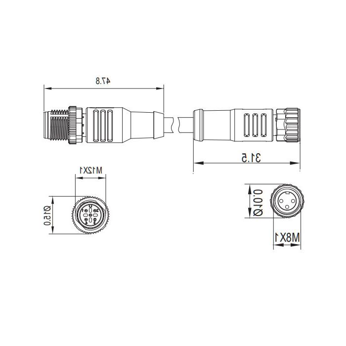 M8转M12 3Pin、M8母头直型转M12公头直型、双端预铸PUR柔性电缆、黑色护套、 63D201-XXX